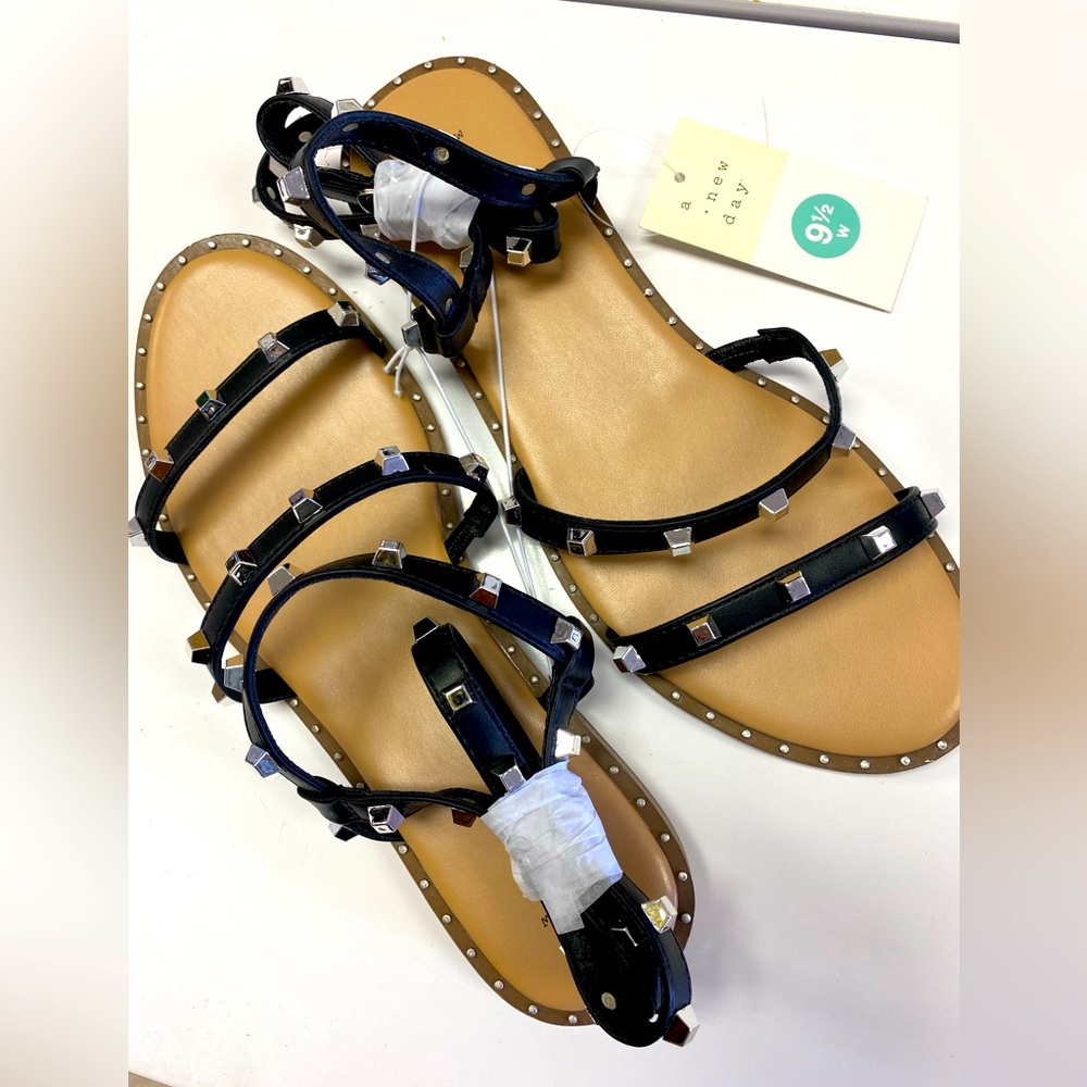 NEW New Day Astrid Women’s Size 9.5W Black Studded Ankle Strap Strappy Sandal